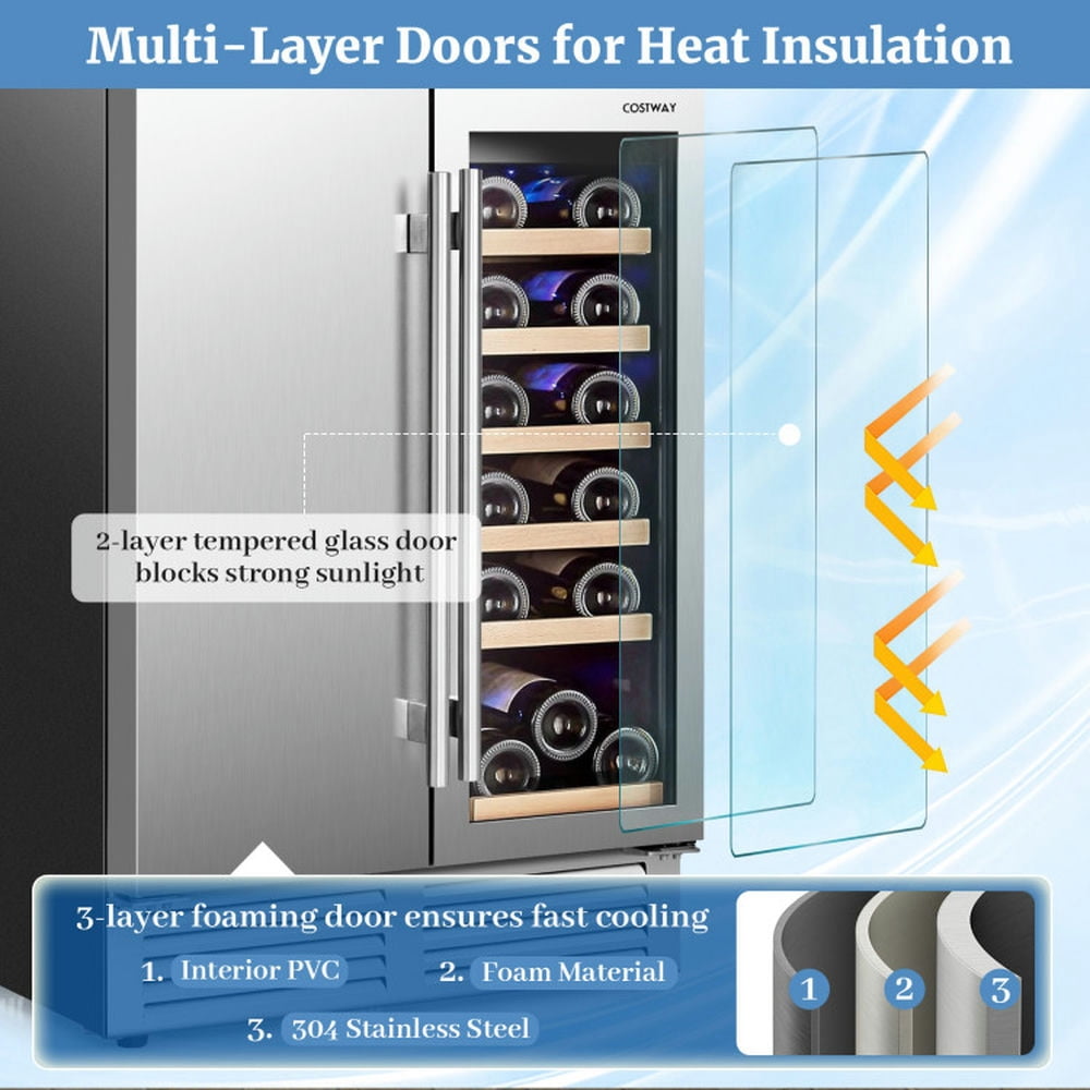 YYAo 2-in-1 Beverage and Wine Cooler with Independent Temperature Control and LED Lights-Silver