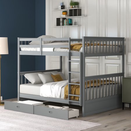Full Bunk Beds with Storage Drawers  Detachable Solid Wood Full Over Full Bunk Bed Frame with Ladders and Safety Rail for Kids  Teens  Adults (Gray)
