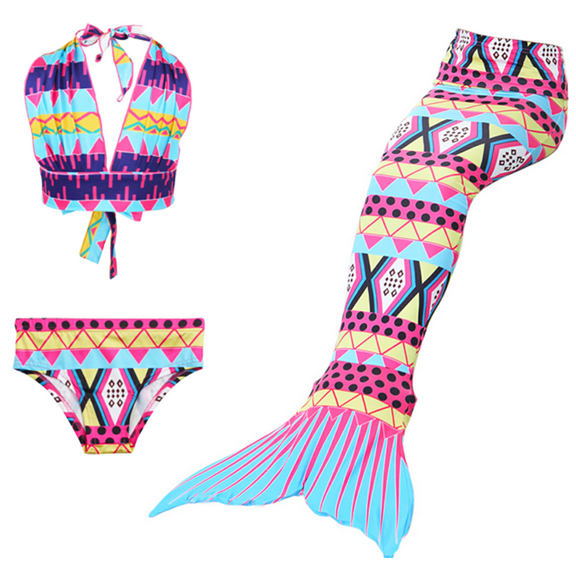 Wenchoice Fuchsia Blue Yellow Mermaid Tail 3 Pieces Swimming Suit XXL(9-10Y)