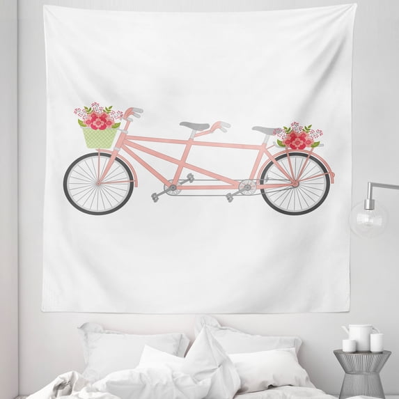 Bike Party Tapestry, Retro Pink Floral Basket Ornamental Tandem Bicycle on Plain Backdrop, Fabric Wall Hanging Decor for Bedroom Living Room Dorm, 5 Sizes, White Blush Pale Green, by Ambesonne
