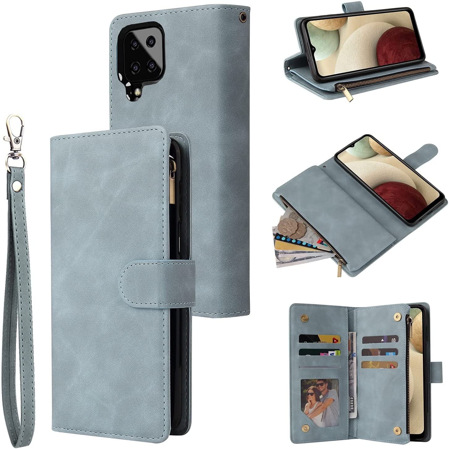 Phone Case For Galaxy A12 Samsung A12 Wallet Case Luxury Folio Flip Leather Cover Zipper Pocket Wrist Strap Kickstand For Green Walmart Com