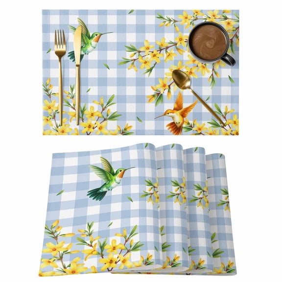 Forsythia Flowers Placemats Set of 6, Spring Yellow Floral Hummingbird Blue Plaid Placemats for Dining Table, Place Mats for Kitchen Tabletop, Waterproof Wipeable Dining Table Mats Set