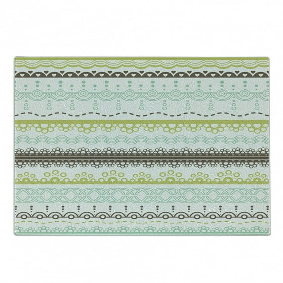 Green and Brown Cutting Board, Geometrical Half Circles Lines Curves Floral Design, Decorative Tempered Glass Cutting and Serving Board, Small Size, Yellow Green Mint Green, by Ambesonne