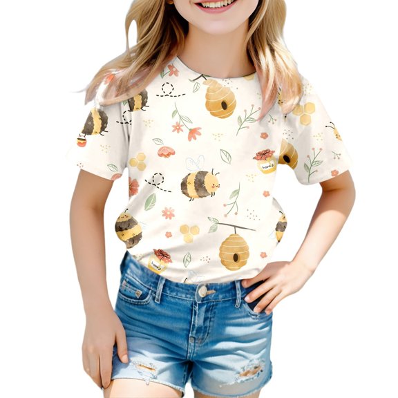 Bibifish Big Girls Tshirts Cute Bee Print Crewneck Short Sleeve Tees Cute Soft Comfy Summer Casual Bee Festival Party Playwear Tee Tops