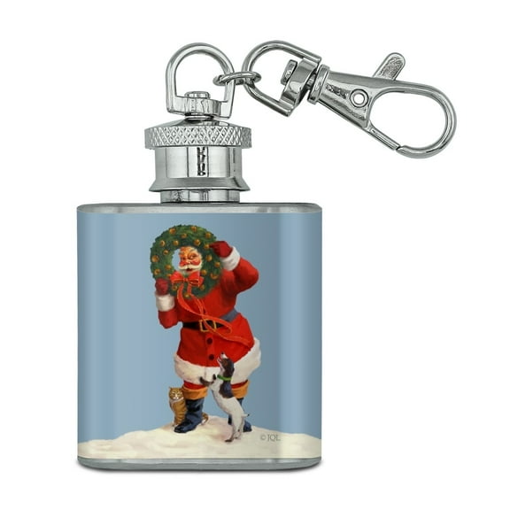 Christmas Holiday Santa Claus with Dog Cat Wreath Stainless Steel 1oz Mini Flask Key Chain