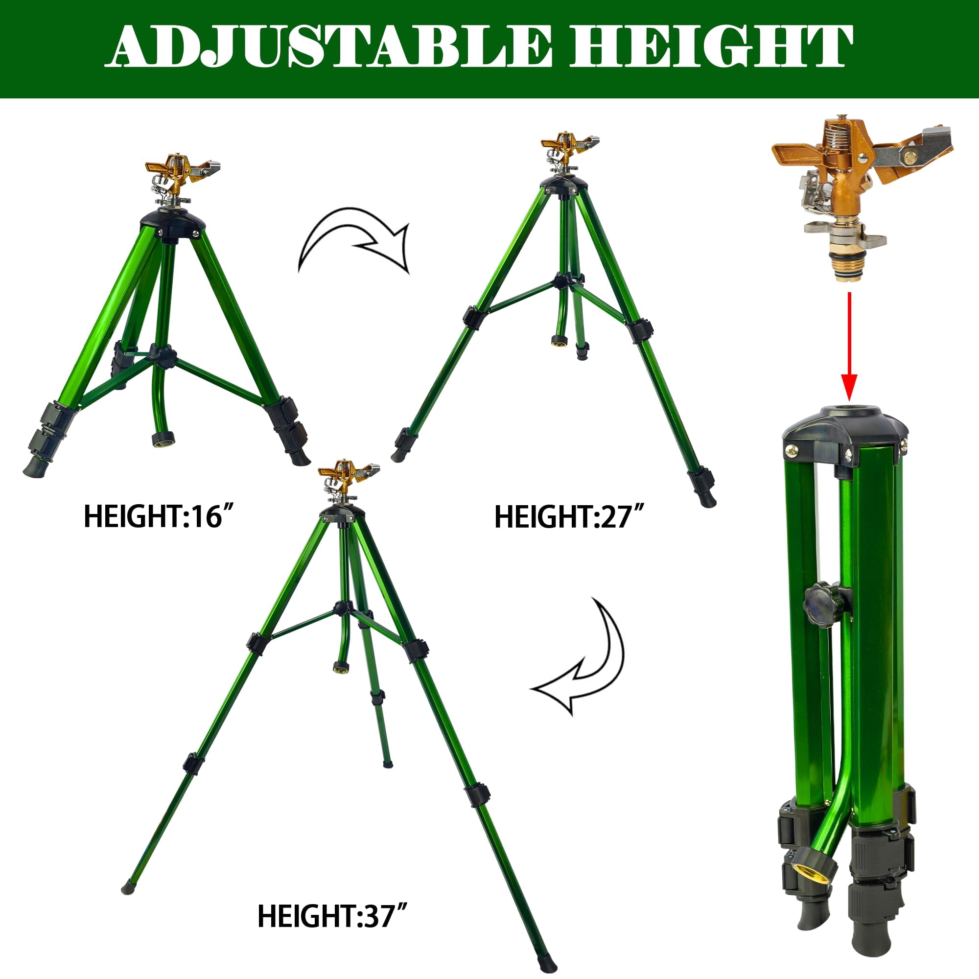 Impact Sprinkler On Tripod Base  Sprinklers With Head 360 Degree Large Area Irrigation Extension Flip Locks Heavy Duty 3/4" Connector For Lawn Yard Garden
