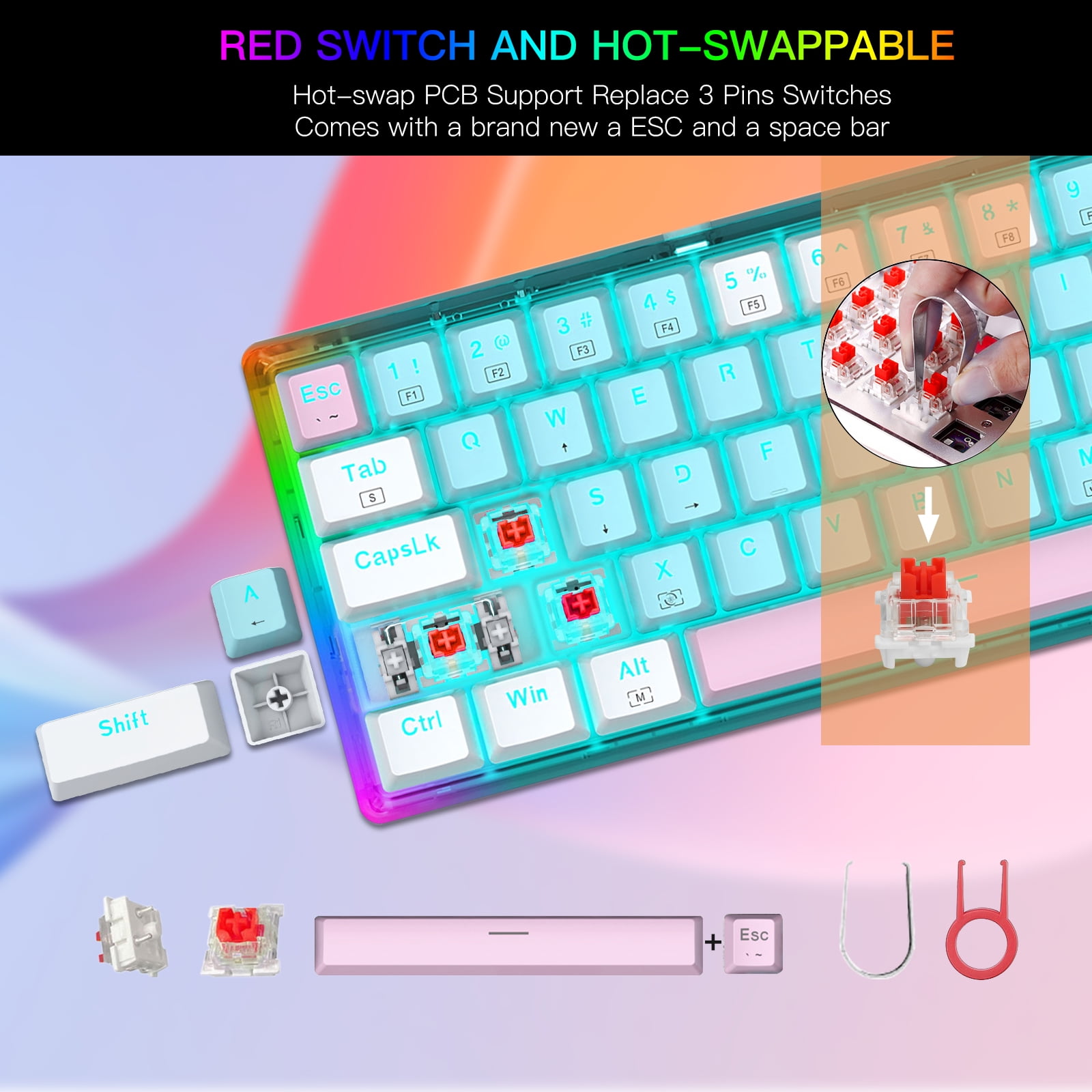 E-YOOSO 60% Mechanical Keyboard, Red Switch Gaming Wired Keyboard with RGB Backlit, Ultra-Compact 60 Percent Computer Keyboard for Windows, Mac OS
