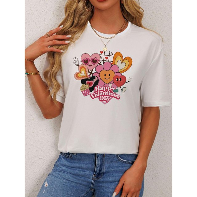 T-Shirt Femme Saint-Valentin 1 Pce, Col Rond Décontracté, Haut en Polyester avec Imprimé Floral, Manches Courtes, Coupe Régulière, pour Printemps/été Fête des Pères, Fête des Mères, Nouvel An, Festival du Printemps, Saint-Valentin