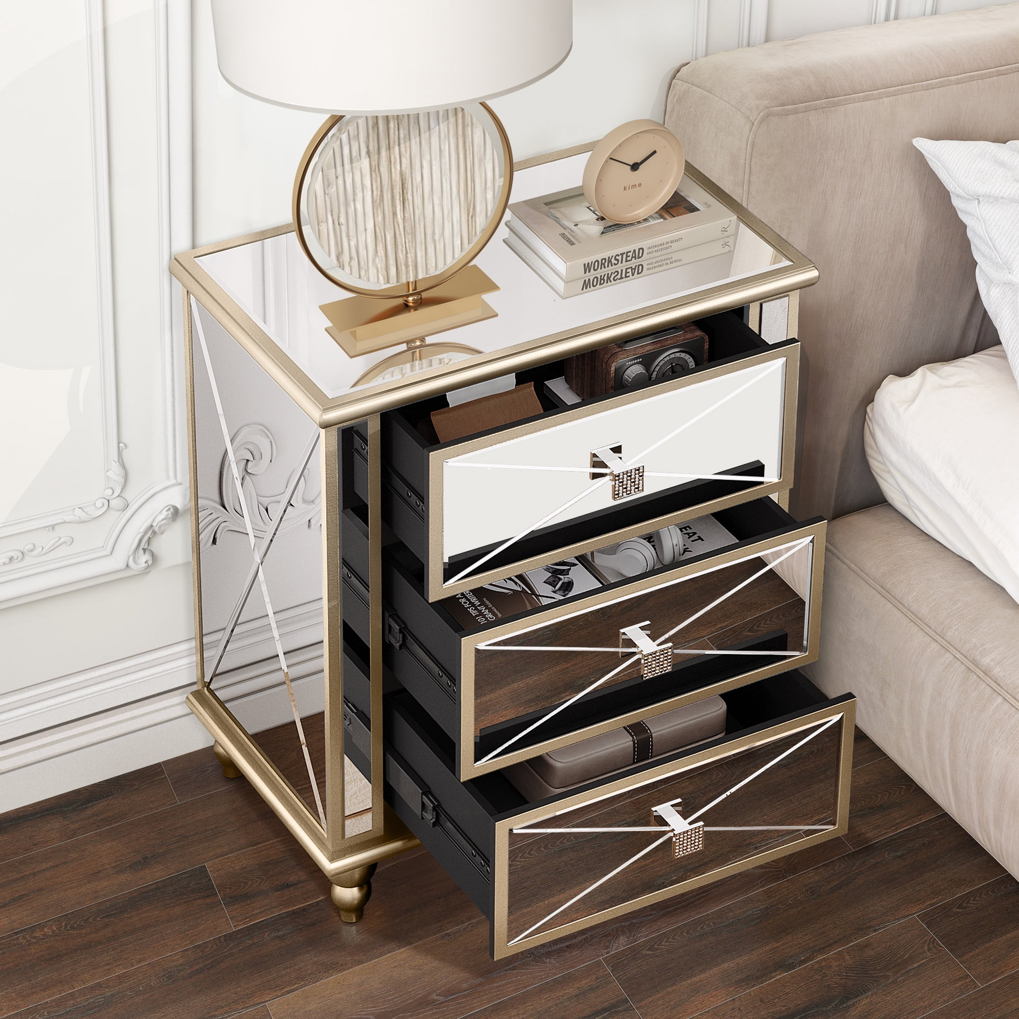 Dextrus Mirrored 3-Drawers Dressers with Wood Legs, Mirrored End Table Nightstand, Gold