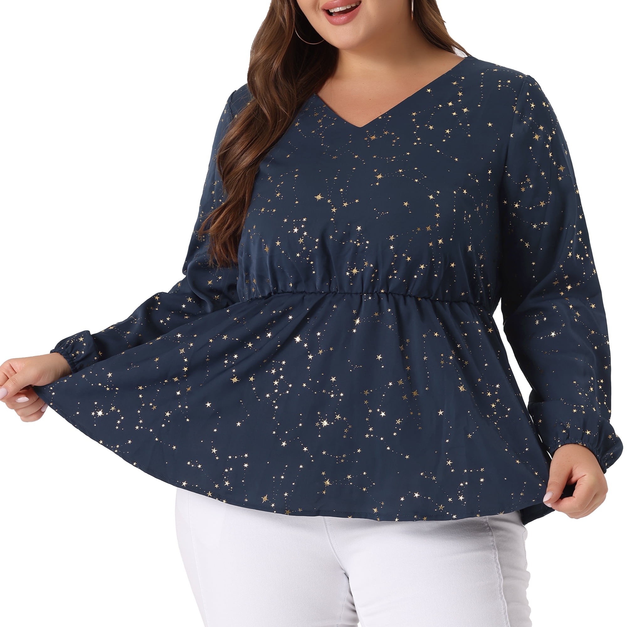 DARING DIVA Women's Plus V Neck Peplum Top Ruffled Elastic Waist Blouse 3X Navy Blue