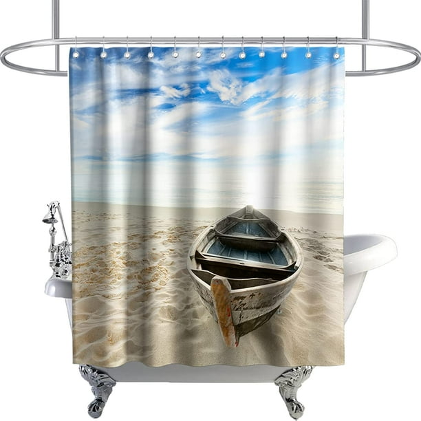 Sonernt Ocean Scenery Shower Curtain Decrepit Fishing Boat on The Sandy