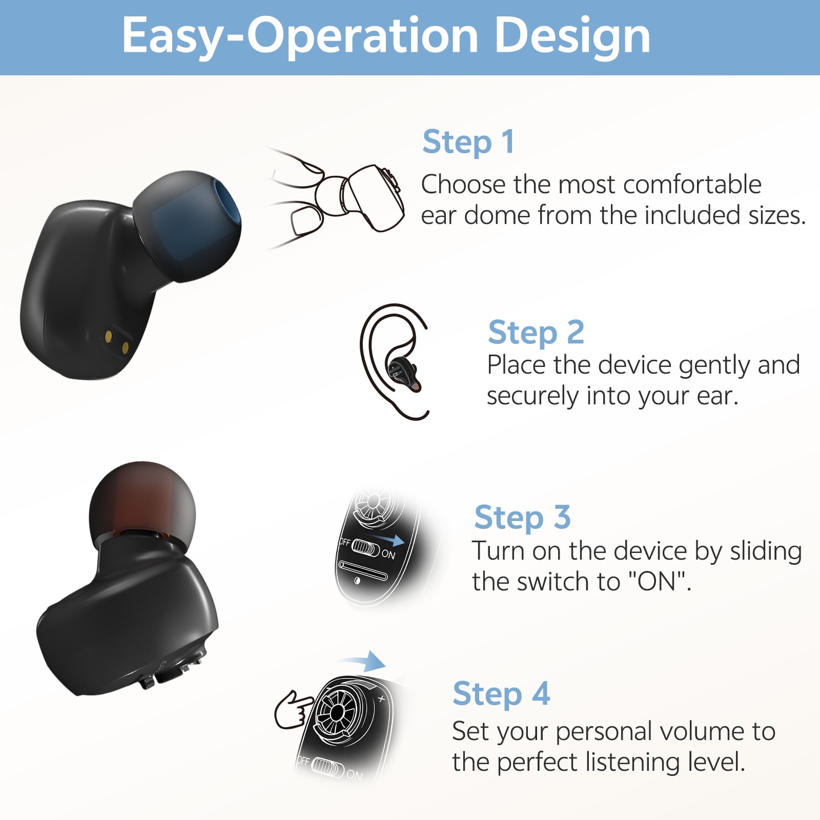 Delmicure Hearing Aids for Seniors Rechargeable with Noise Cancelling, Invisible, VHP-1607, Pair, Black