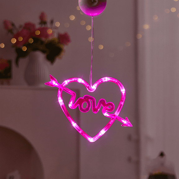 Valentines Day Window Lights Decorations with Timer, Battery Powered Hanging Red Lighted Heart Shaped Silhouette Sucker LED Lamp for Fireplace Indoor Home Decor, 1 Pcs, 6.69x6.3"