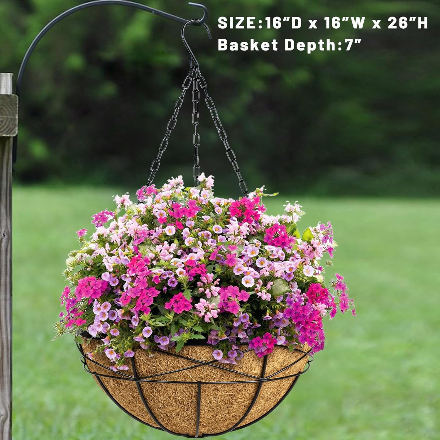 2 Pack 16 Inch Hanging Planters for Outdoor Plants Metal Wire Flower Baskets with Coco Liner & Plastic Saucer Large Deep Hanging Plant Pots for Porch Balcony Garden Décor