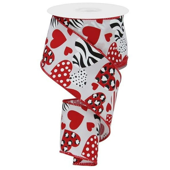 Zebra Leopard Print Hearts Red White and Black Wired Ribbon 2.5" X 10Yd