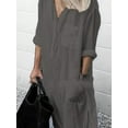 thumbnail image 2 of Womens Casual Loose Cotton Linen Long Shirt Dress Lapel Button Cuffed Sleeve Side Split Dresses with Pockets Grey L, 2 of 3