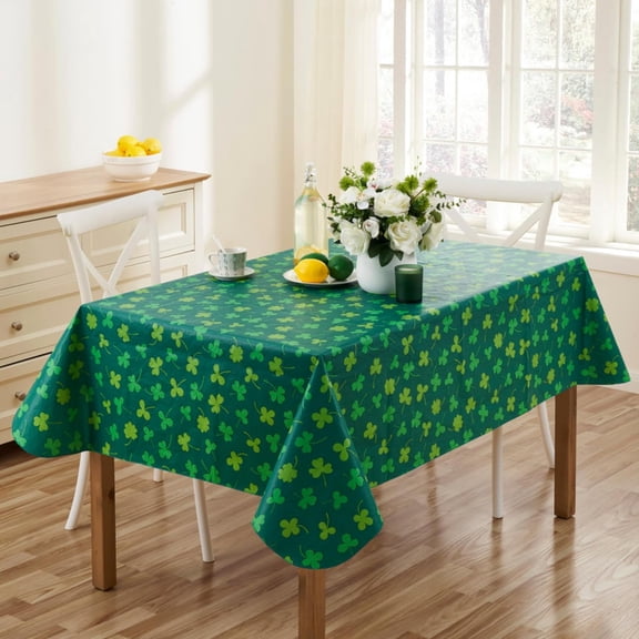 Serafina Home St. Patrick's Day Irish Vinyl Flannel Backed Tablecloth for Dining Room Kitchen Table Decor: St. Pat's Lucky Shamrock Clovers Green White Yellow Gold St. Pats Dark Sham 52" x 70"