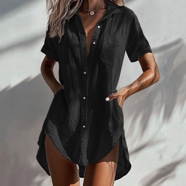 Robes Femmes DYTTDG Robe pour Femme Grande Taille Coton Lin Manches Courtes Chemise à Boutons Robe Mini Économies jusqu'à 30 % de Rabais Noir, TG