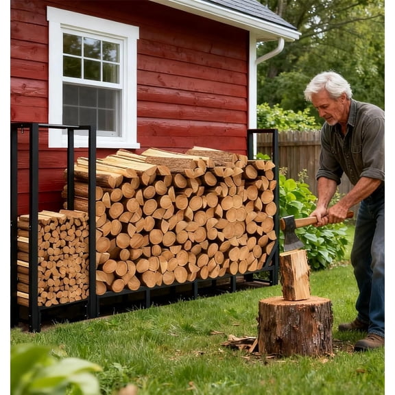 8ft Large Firewood Rack Outdoor, Heavy Duty Metal Wood Rack with Kindling Storage - For Indoor & Outdoor Fireplace, Wood Pile Organizer,Black