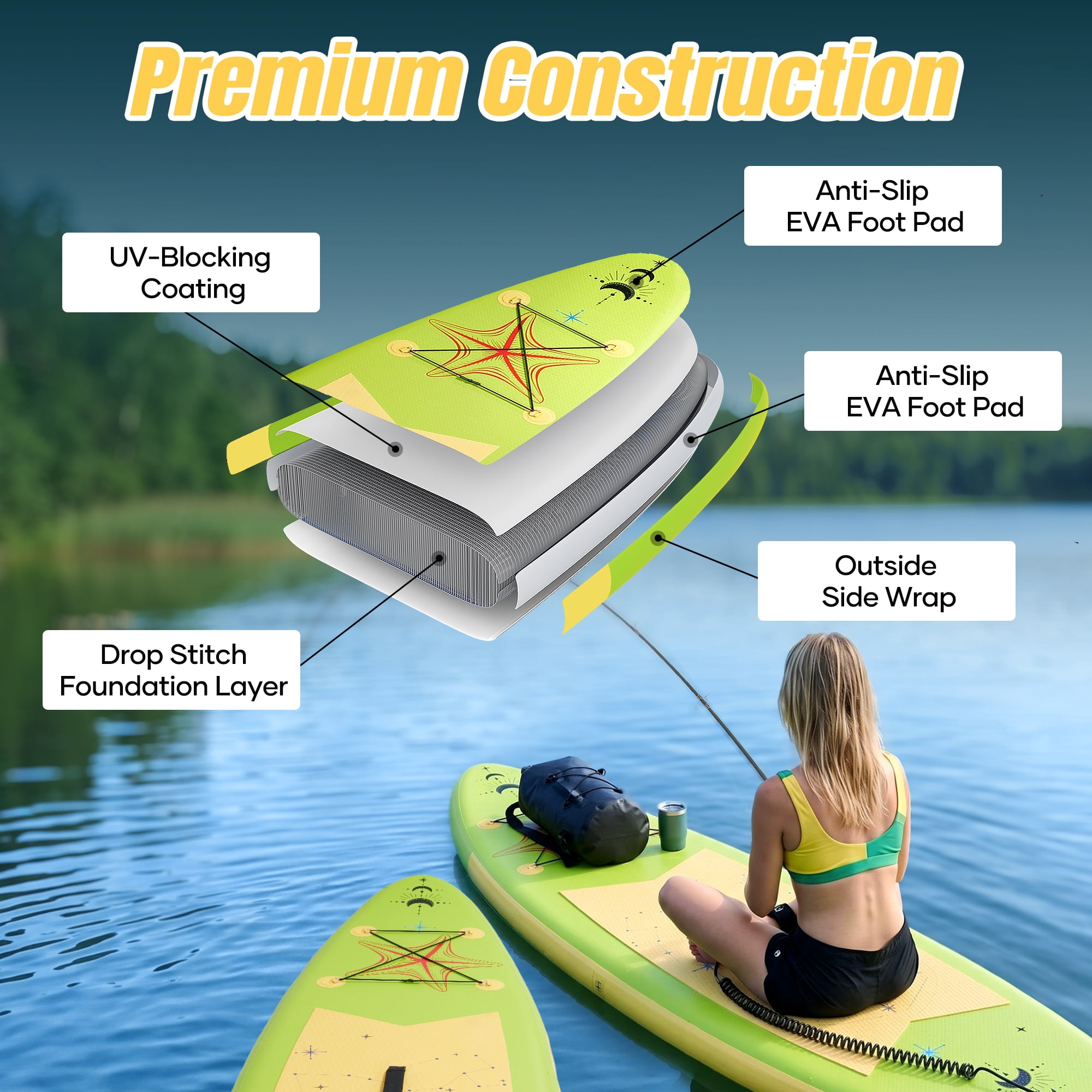 Naipo 10ft Inflatable Paddle Board Full SUP Accessories Beginner Stand Up Paddle Board 17 lbs Lightweight Enhanced Safety Features for Beginner Avocado Green