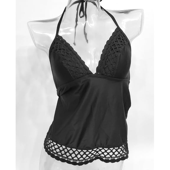 Bahia by Christina Black Embroidered Tankini Swim Top Women's Medium