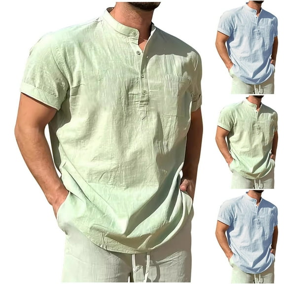 ZRGHAOYLQ Mens Cotton Linen Henley Shirts Big and Tall Solid Shirts Comfy Short Sleeve Button Up T Shirt Comfy Casual Shirt with Pockets