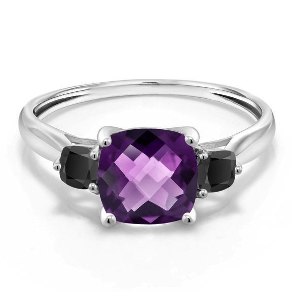 Gem Stone King 10K White Gold Purple Amethyst and Black Onyx 3 Stone Engagement Ring for Women (1.66 Cttw, Cushion Checkerboard 7MM, Gemstone February Birthstone Ring (Size 6)