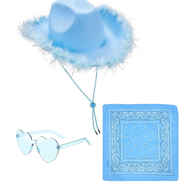 Conjunto de sombrero vaquero azul con flecos plateados, bandana y gafas de sol