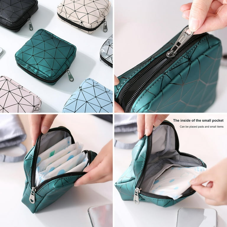 Walbest Faux Leather Sanitary Napkin Storage Bag, Small Size Waterproof  Women Coin Purse Dust-proof Cosmetics Zipper Exquisite Grid Tampon Storage  Pouch 