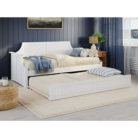 Twin Daybed with Trundle - Mid-Century Wood Daybed - White Finish - HomeStock