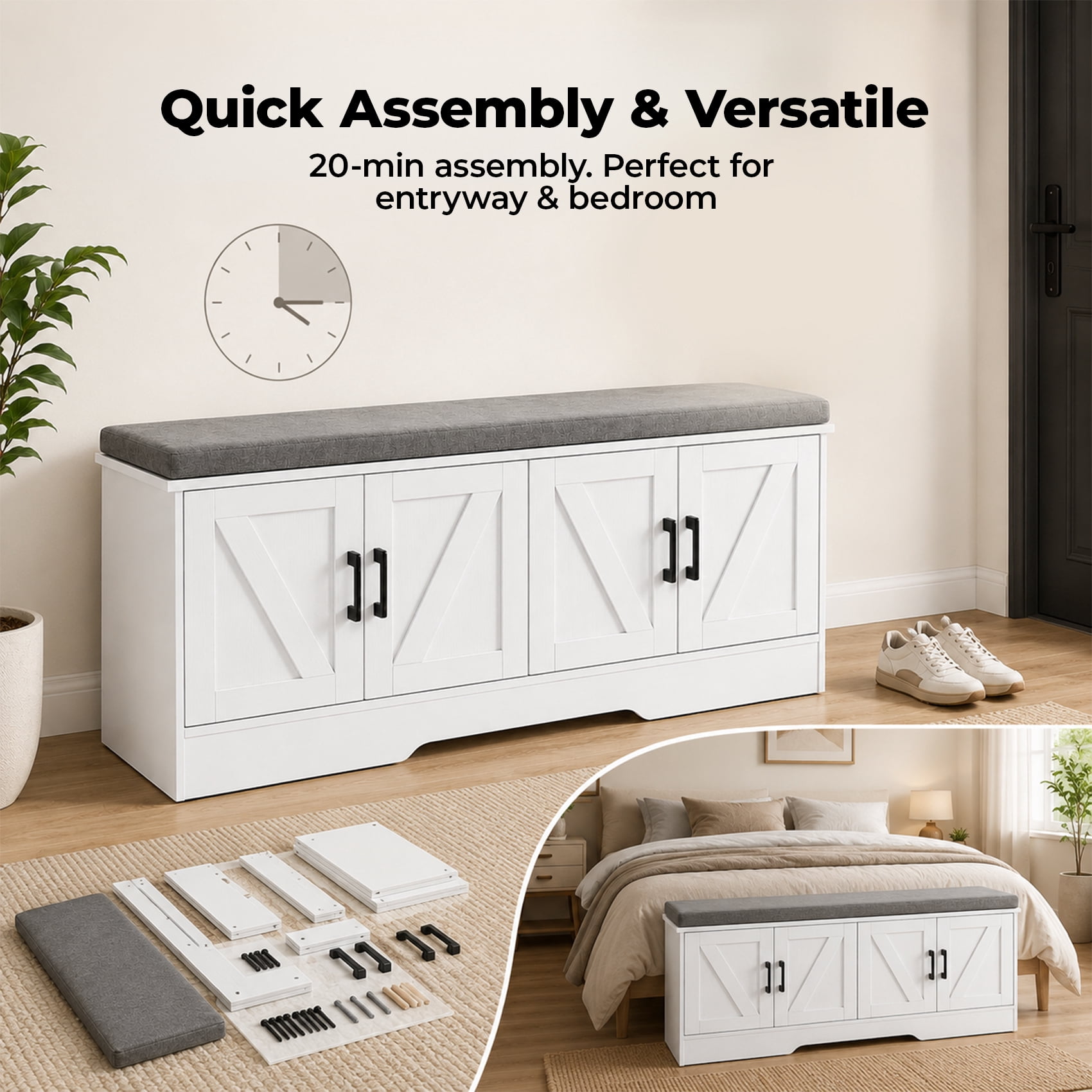 Alvantor White 2-Tier Wooden Shoe Storage Cabinet with Cushioned Seat, Adjustable Shelves for Entryway, Bedroom