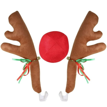 Antlers Christmas Plush Car Decor,Reindeer Car Decoration,Xmas Red-Nose Decoration Set,Exterior Universal Car Accessories,Best for Car SUV Truck,Window Roof-Top & Front Grille (Khaki)