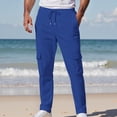 thumbnail image 4 of CLOISE Baggy Cargo Pants Men with Pockets Big and Tall Drawstring Mid Waist Straight Leg Long Pants Elastic Waist Solid Vacation Outfits Blue M, 4 of 6