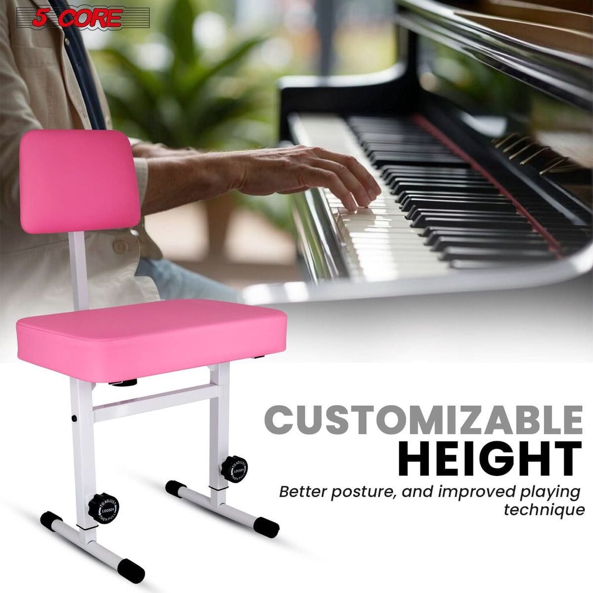 5 Core Piano Bench 3" Padded Cushioned Stool w Backrest Heavy Duty Musician Chair Height Adjustable