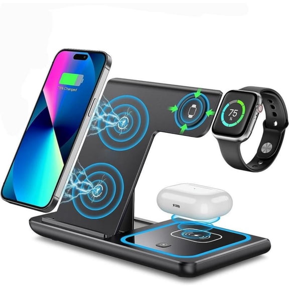Wireless Charger Stand for iPhone 15 14 13 12 11 Pro Max XR XS 8 Plus, for Apple Watch 8 7 6 5 4 3 2 SE, and AirPods Pro 3 2 - 3 in 1 Wireless Charging Station for Smartphone and Cellphone