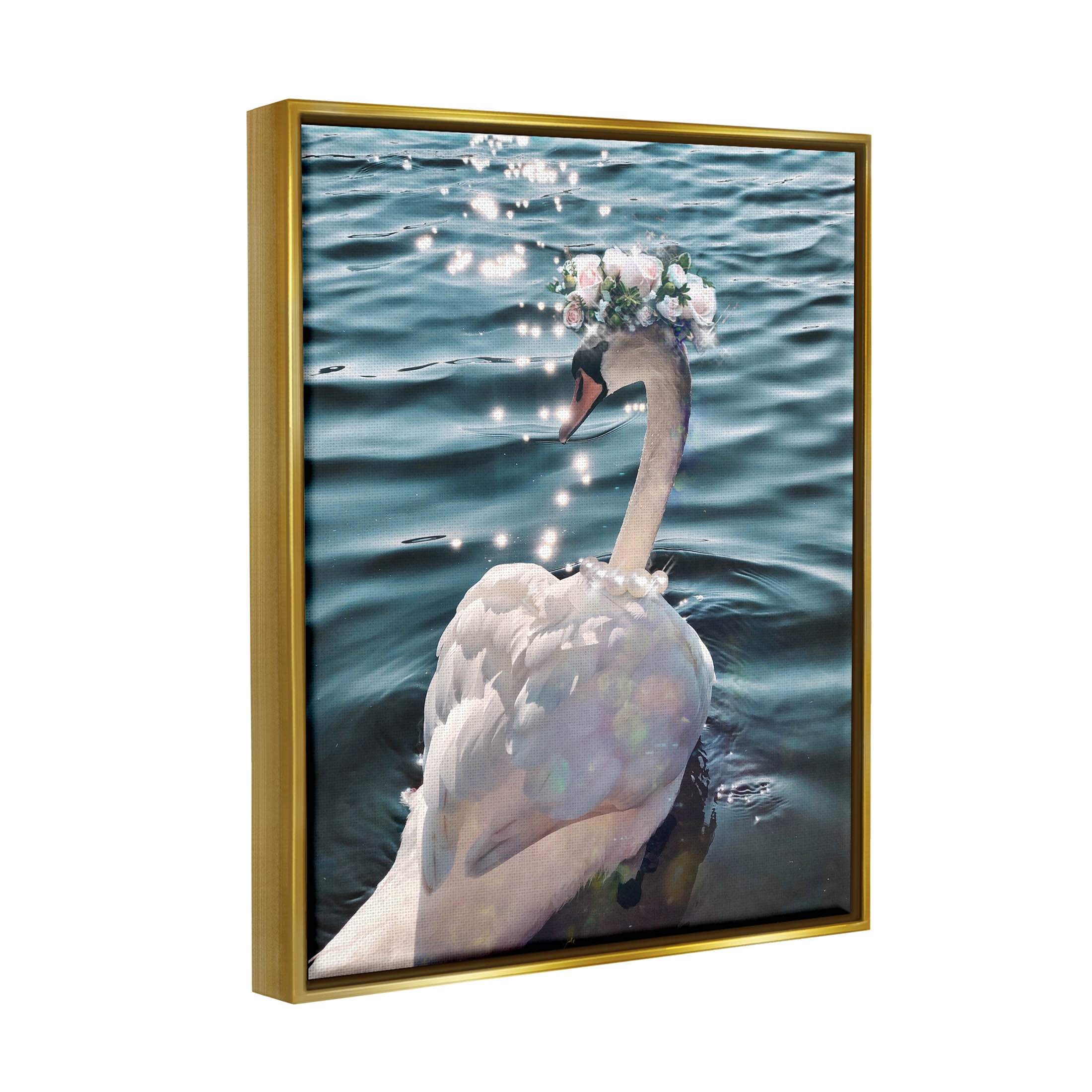 Flower Crown Swan Lake Ripples Animals & Insects Graphic Art Metallic Gold Framed Art Print Wall Art