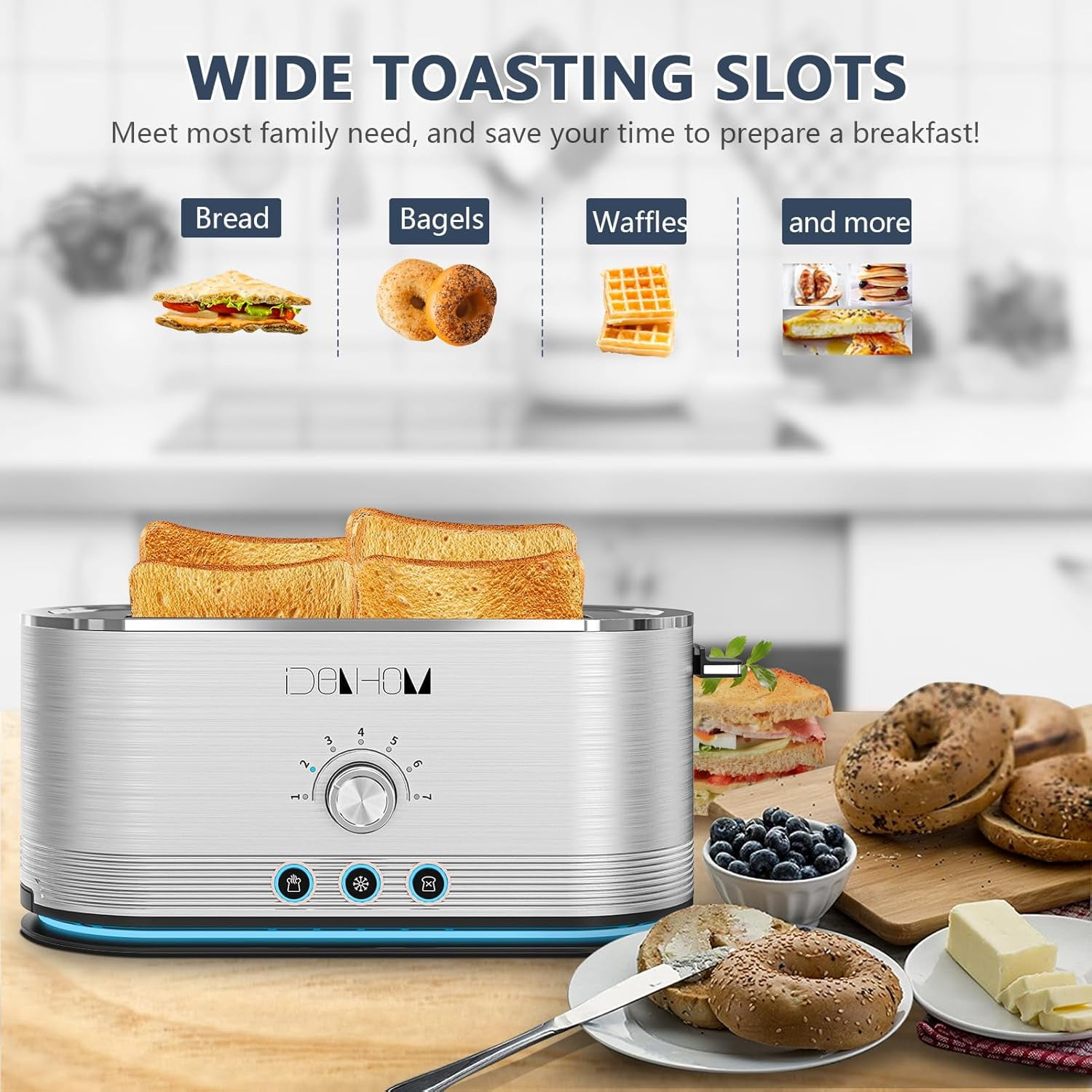 PlumChef 4-Slice Toaster, 7 Browning Settings, Defrost/Reheat Functions, Removable Crumb Tray, Full body Stainless Steel Housing 1350W ，Anti-Fingerprint & Anti-Jam(stainless steel)