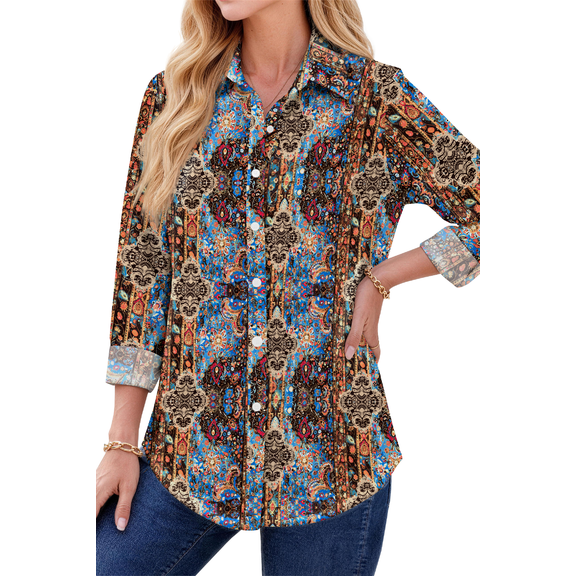 Fantaslook Womens Button Down Shirts Boho Floral Printed Long Sleeve Blouses Business Work Shirt Dressy Casual Loose Tops
