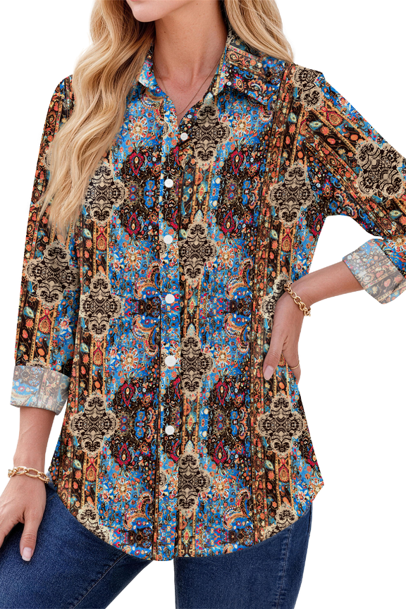 Womens Button Down Shirts Boho Floral Printed Long Sleeve Blouses Business Work Shirt Dressy Casual Loose Tops