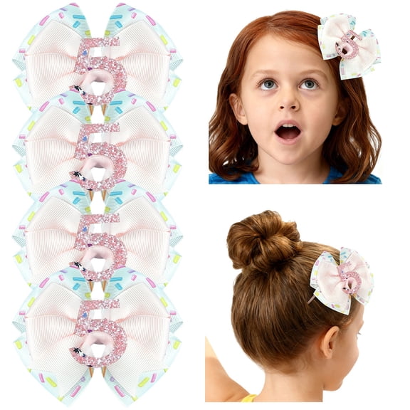JoyBowie 4pcs 4 Inch Number 5 Hair Bow, Glitter Birthday Hair Clip for Girls 3-8 Years for Party Hairstyles
