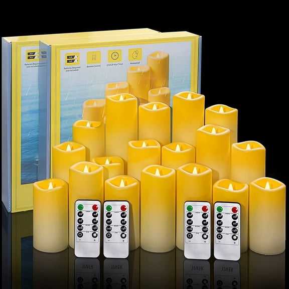 OSHINE Set of 18 Flameless Candles Outdoor Waterproof Plastic LED Pillar Candles Battery Operated Candles Ivory Frosted with 10-Key Remote and Timers Halloween