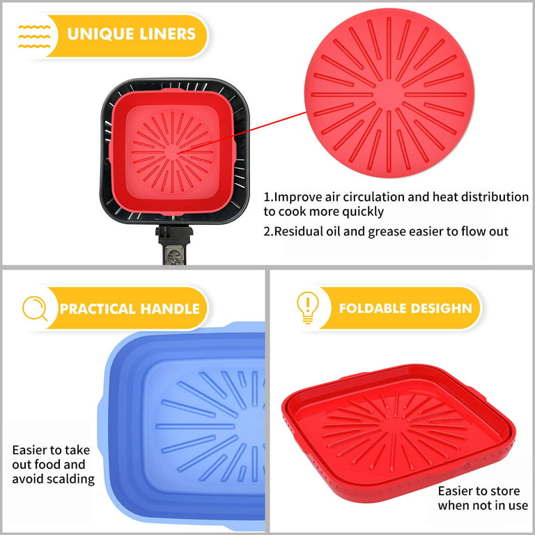 Rectangle 8 Inch 2 Pack Silicone Air Fryer Liners Pot, Silicone Air Fryer  Basket Baking Tray, Apply to 3.2 - 6.5 QT Airfryer , Reusable Cooking Oven  Insert Accessories(Blue Red) 