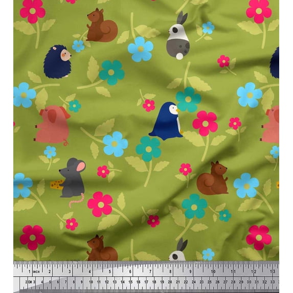 Soimoi Rayon Crepe Fabric Floral & Cute Animals Cartoon Decor Fabric Printed Yard 46 Inch Wide