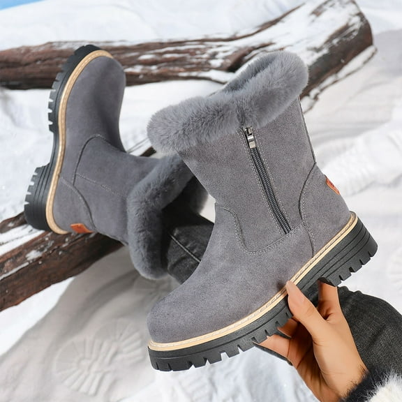 Wowcloth Women's Fashion Casual Mid-Calf Snow Boots – Thickened Fleece-Lined Winter Letter Design with Solid Color for Outdoor & Daily Wear