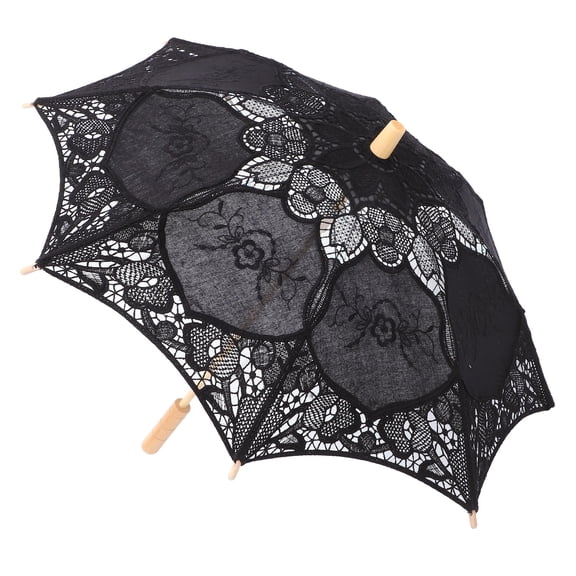 FRCOLOR Vintage Lace Parasol Umbrella Black Wood Material for Wedding Scenes and Photo Shoots