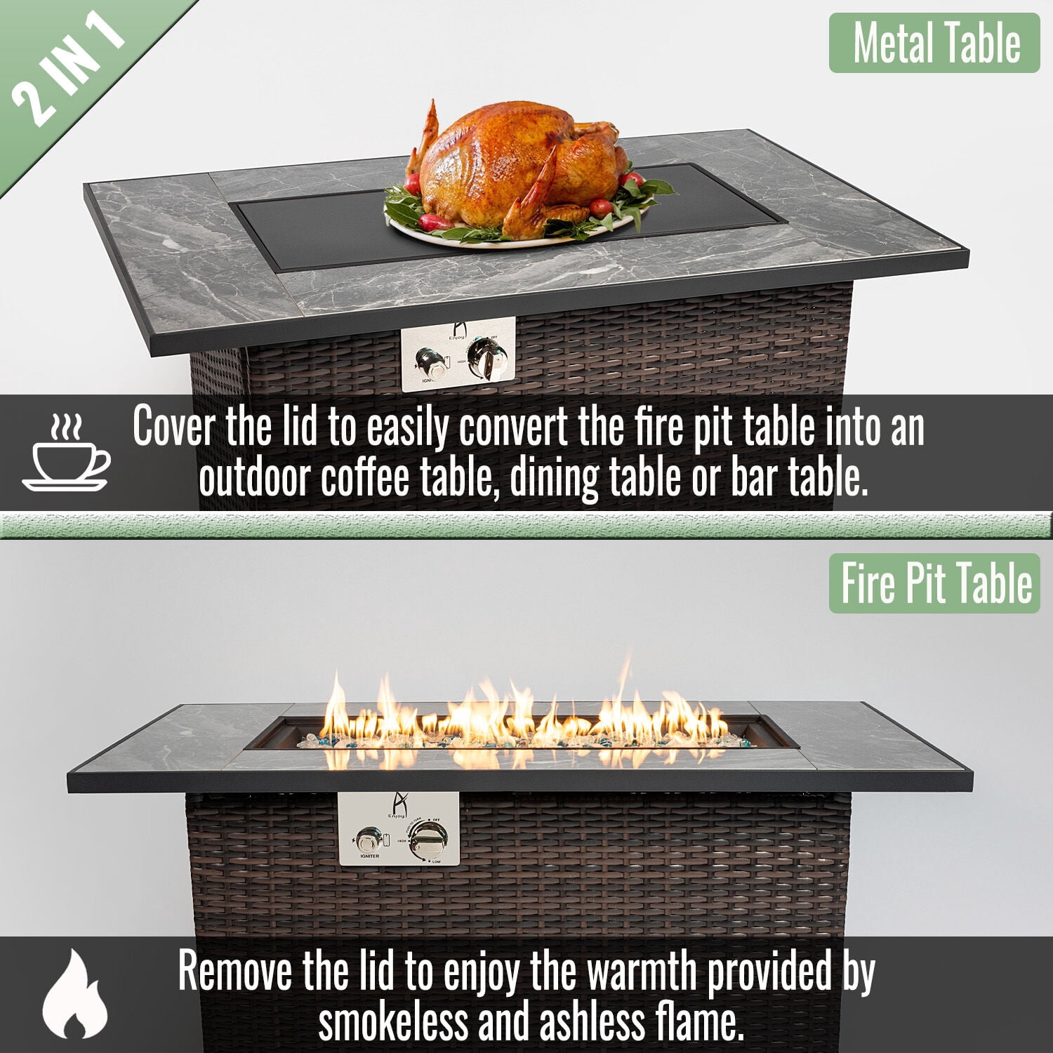 Tabletop Heater, 44" Propane Gas Fire Pit Table, 50000 BTU Rectangular Fire Pit, Tile Tabletop with Beautiful Wicker Base for Outside Patio Deck Garden Courtyard-Brown, Espresso Patio Heater
