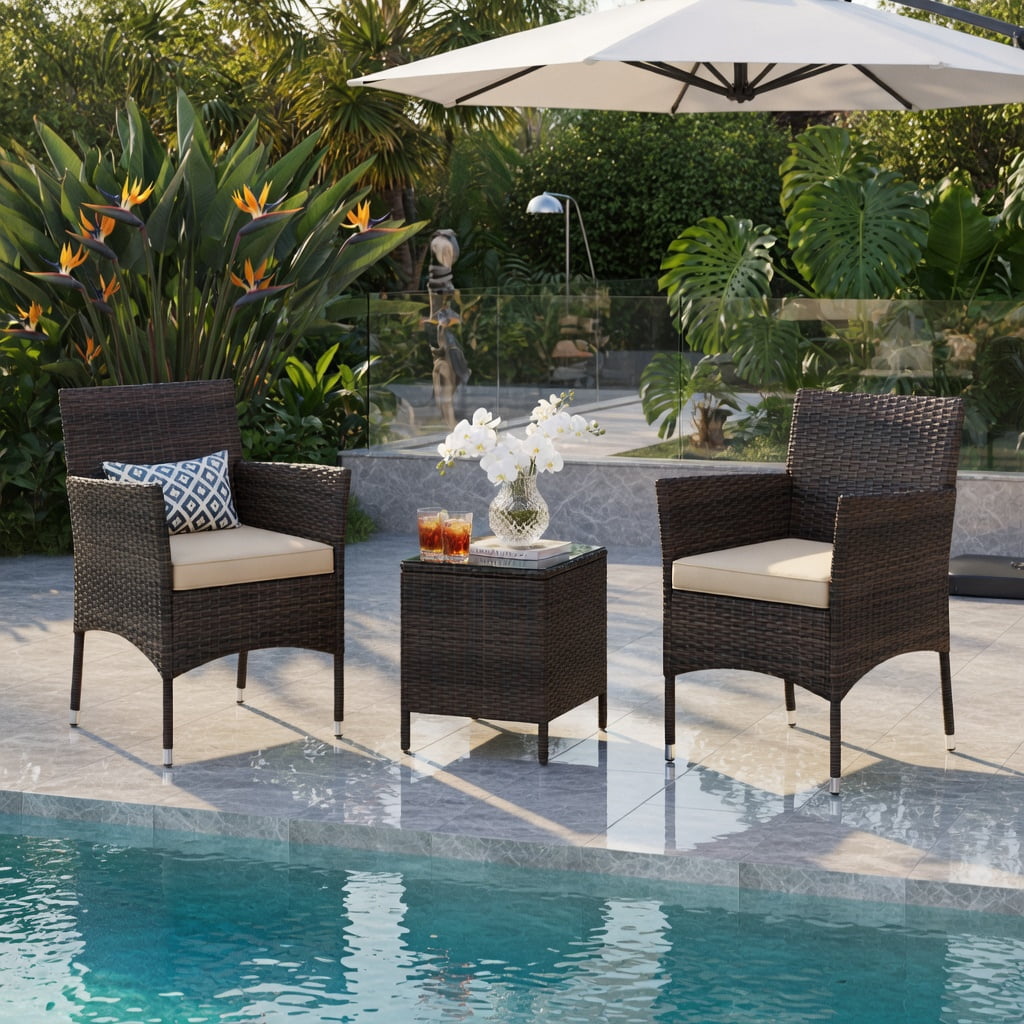 Hommoo 3-Piece Outdoor Wicker Conversation Set, Cushioned Patio Chairs + Tempered Glass Square Coffee Table, PE Rattan, Heavy-Duty Metal Frame, Brown