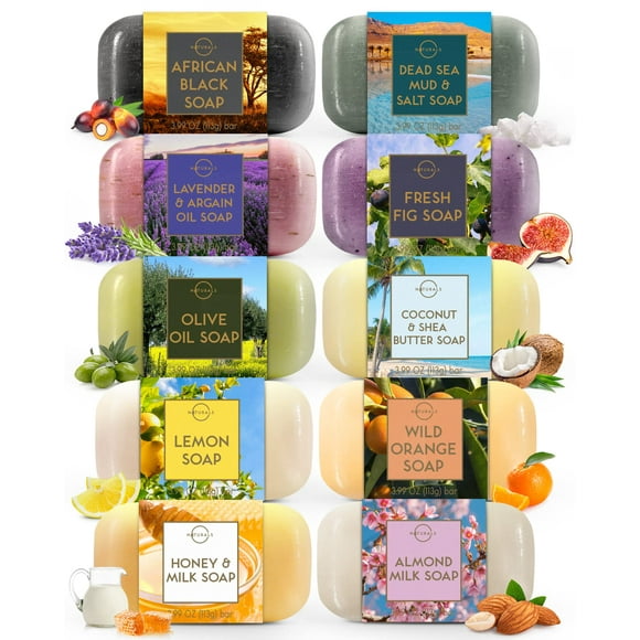 O NATURALS 100% Natural Bar Soap - Gift Set - Organic Ingredients & Essential Oils - Spa Gifts for Women & Men, Body Wash & Face Soap - 10PC Natural Soap Gift Set