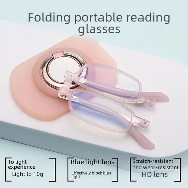 Gafas de lectura portátiles con soporte para teléfono móvil, plegables, ultralivianas, de metal, de alta calidad, con espejo para personas mayores, de acero inoxidable, antiluz azul