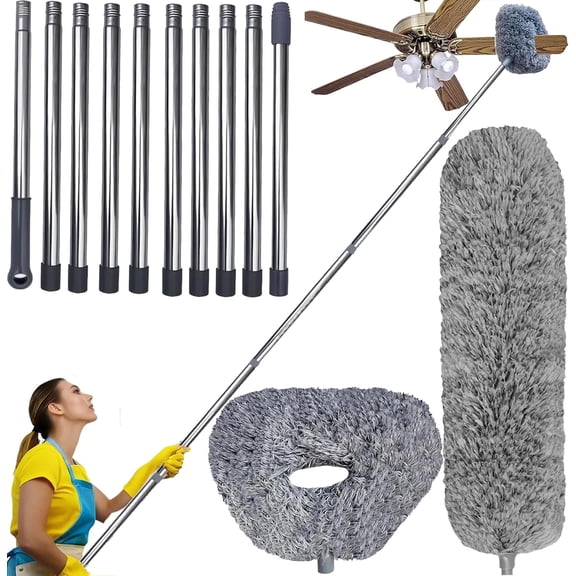 20  Ft High Reach Ceiling Fan Duster &Microfiber Feather Brush Duster with 3-14 ft Spliceable Pole Microfiber Feather Duster for Spider Web, High Ceiling, Blinds, Furniture Cleaning Tool Kit